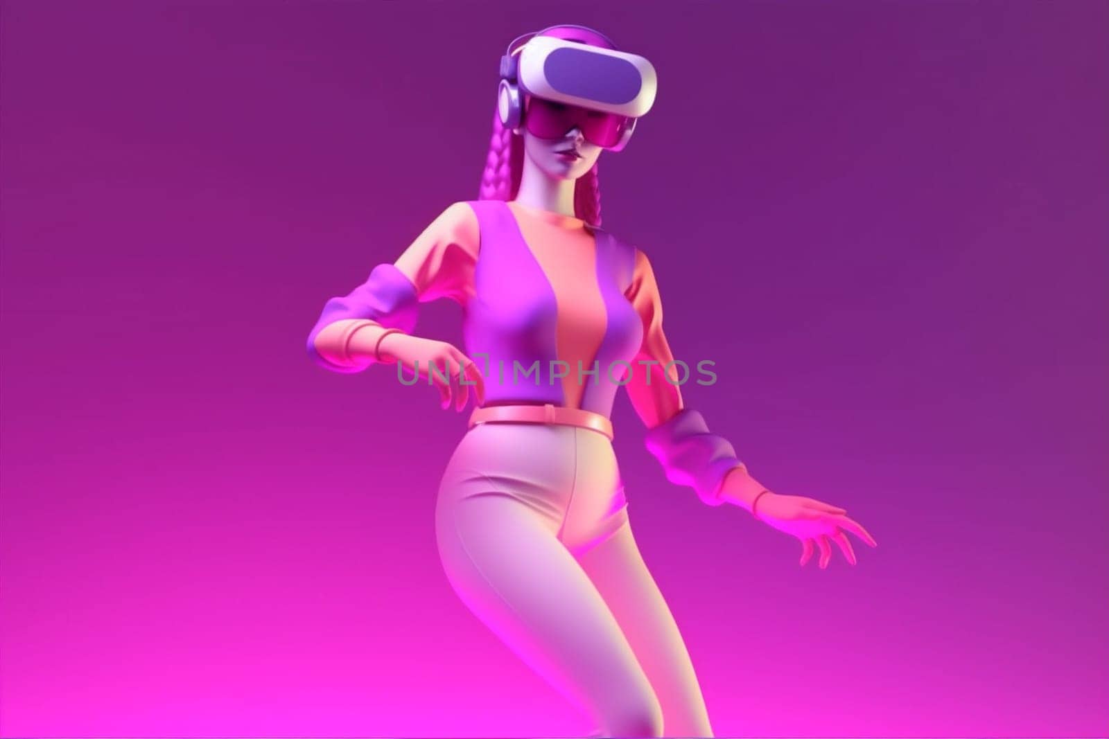 woman vr gadget reality digital innovation neon virtual glasses sport game. Generative AI. by Vichizh