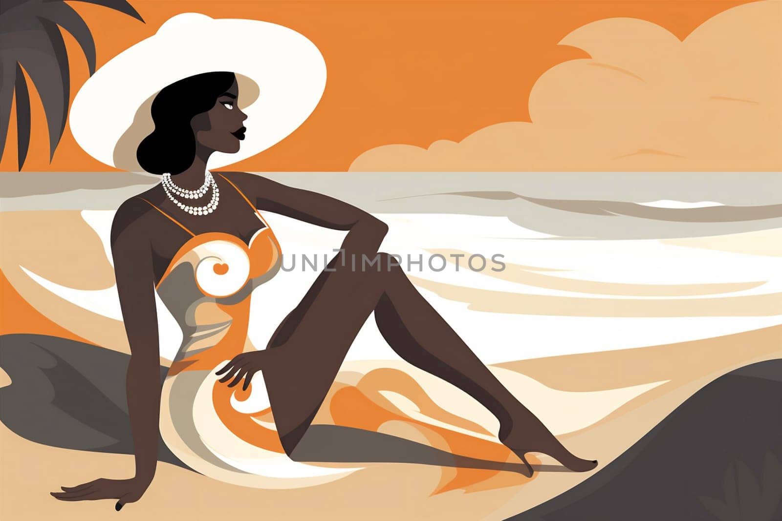 woman vacation sand concept tanned young beige summer beach black hat. Generative AI. by Vichizh