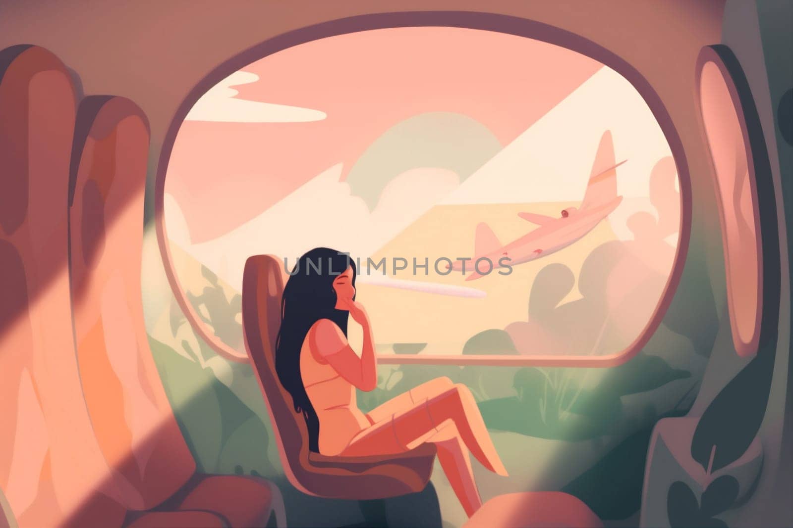 woman journey sleep holiday fly window inside airliner transport comfort seat cabin passenger character flight illustration voyage transportation person plane trip. Generative AI.