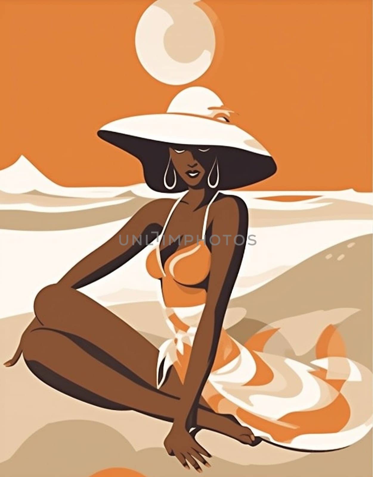 tanned woman beach concept summer hat black vacation beige poster young. Generative AI. by Vichizh