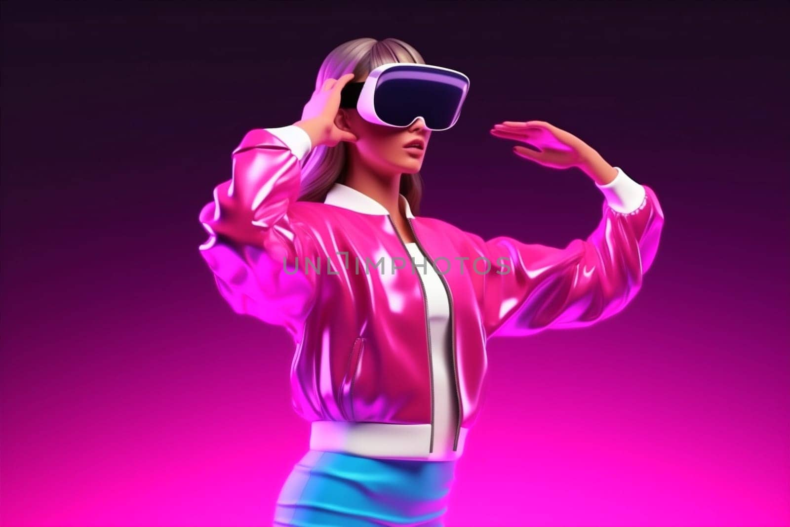woman game three-dimensional virtual digital cyber glasses creative reality neon smart young cyborg blue floating concept innovation sport vr yoga 3d. Generative AI.