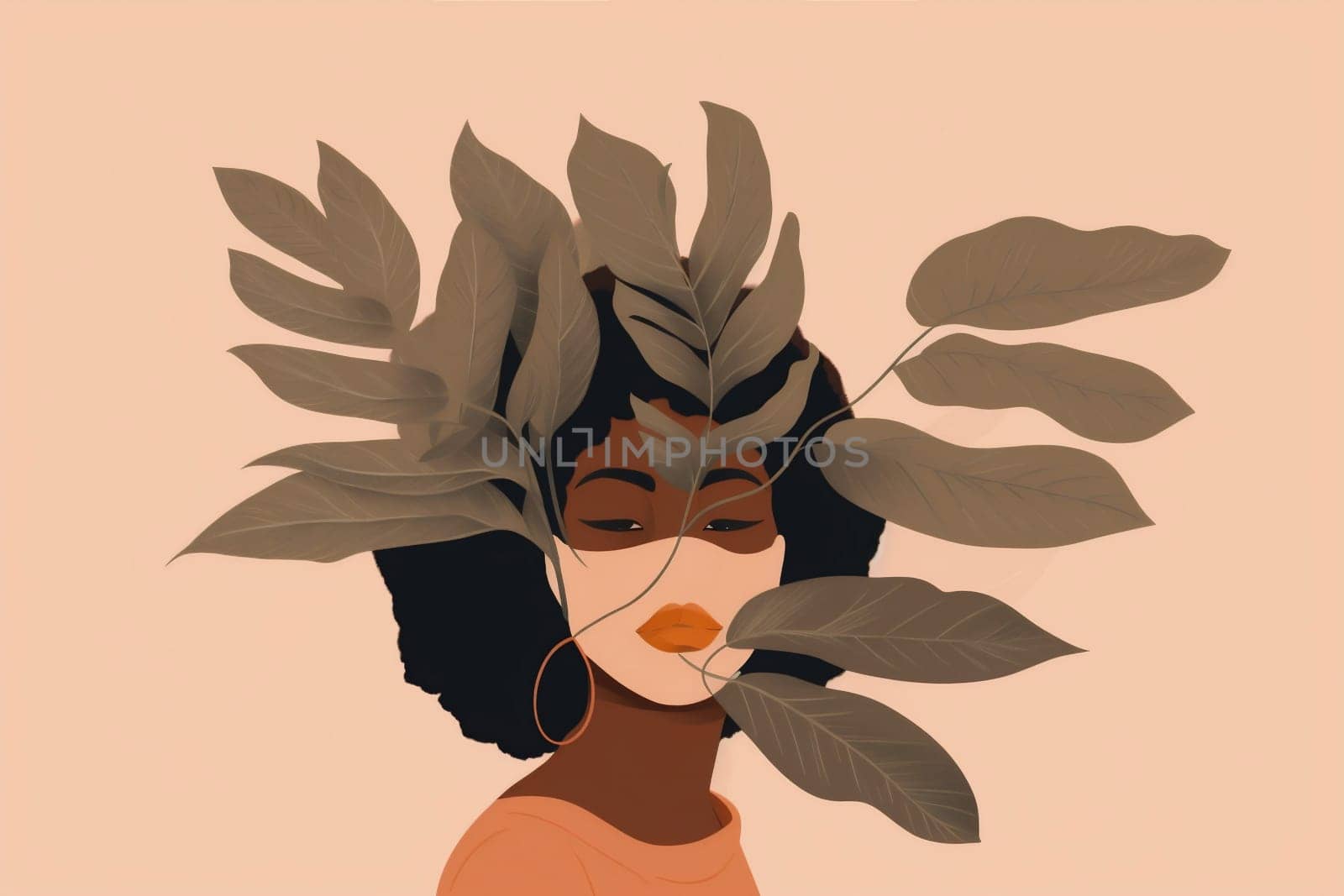 contemporary woman graphic boho tropical drawing girl leaf summer vintage trendy beige design art print abstract minimalism palm poster portrait elegant. Generative AI.
