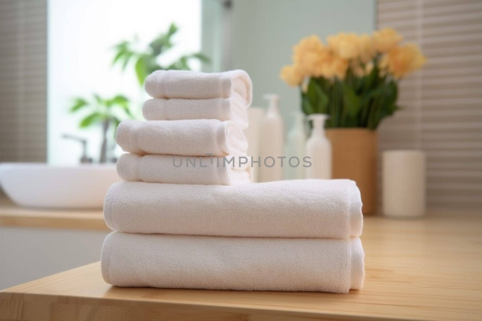 bathroom indoor table design white light modern soft mock towel cloth body home room background up shower luxury relax counter space health. Generative AI.