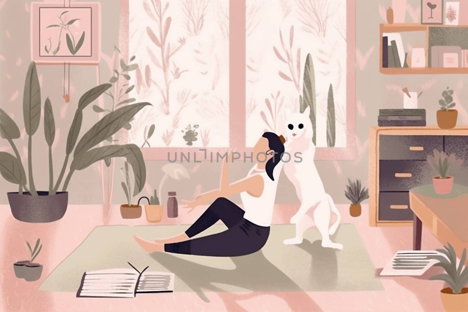 puppy dog woman lifestyle relaxation relax exercising cartoon exercise illustration fitness sport training activity yoga body cat stretching home indoor female. Generative AI.