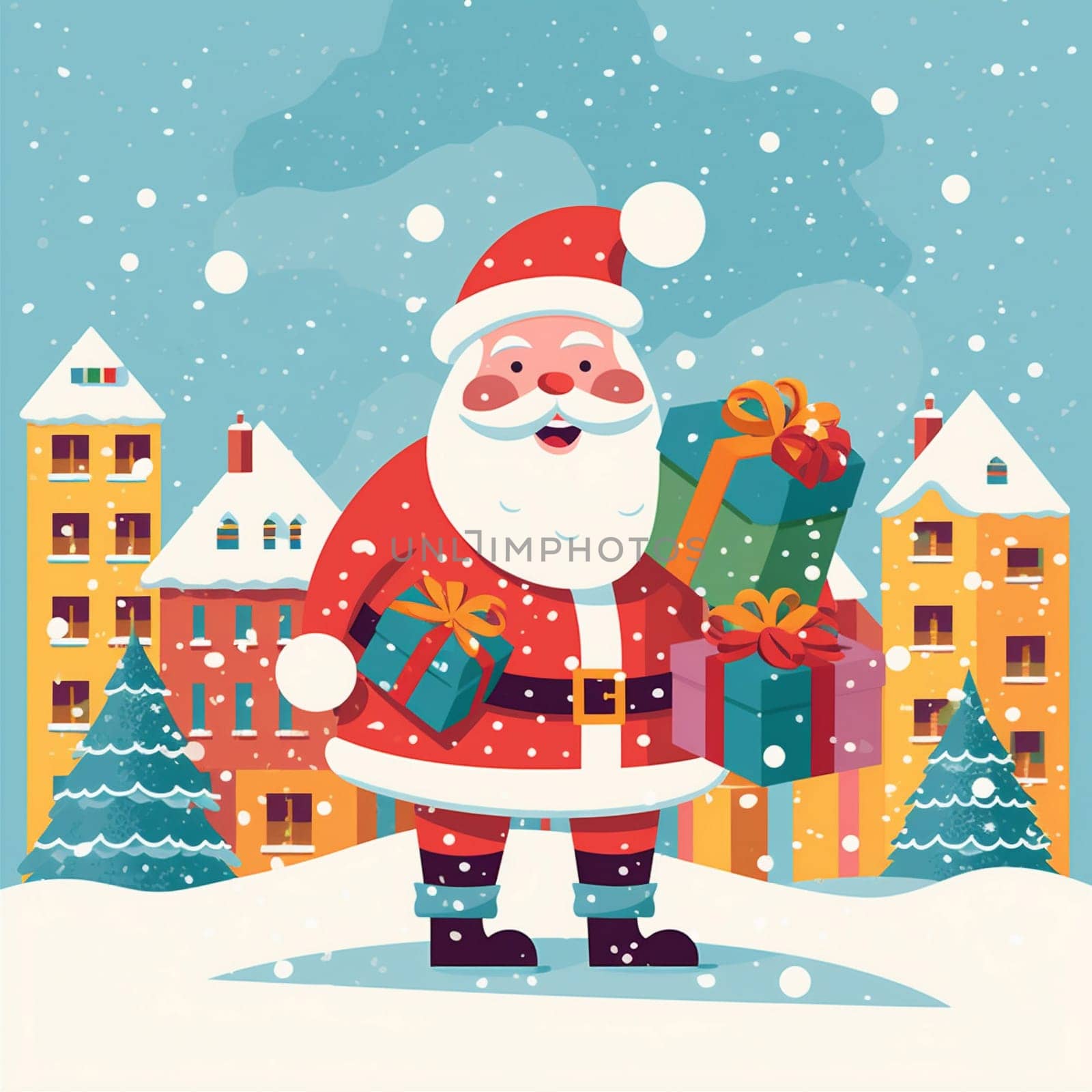 old beard christmas claus snow red winter gift smile illustration greeting cartoon present holiday decoration happy bag celebrate santa new. Generative AI.