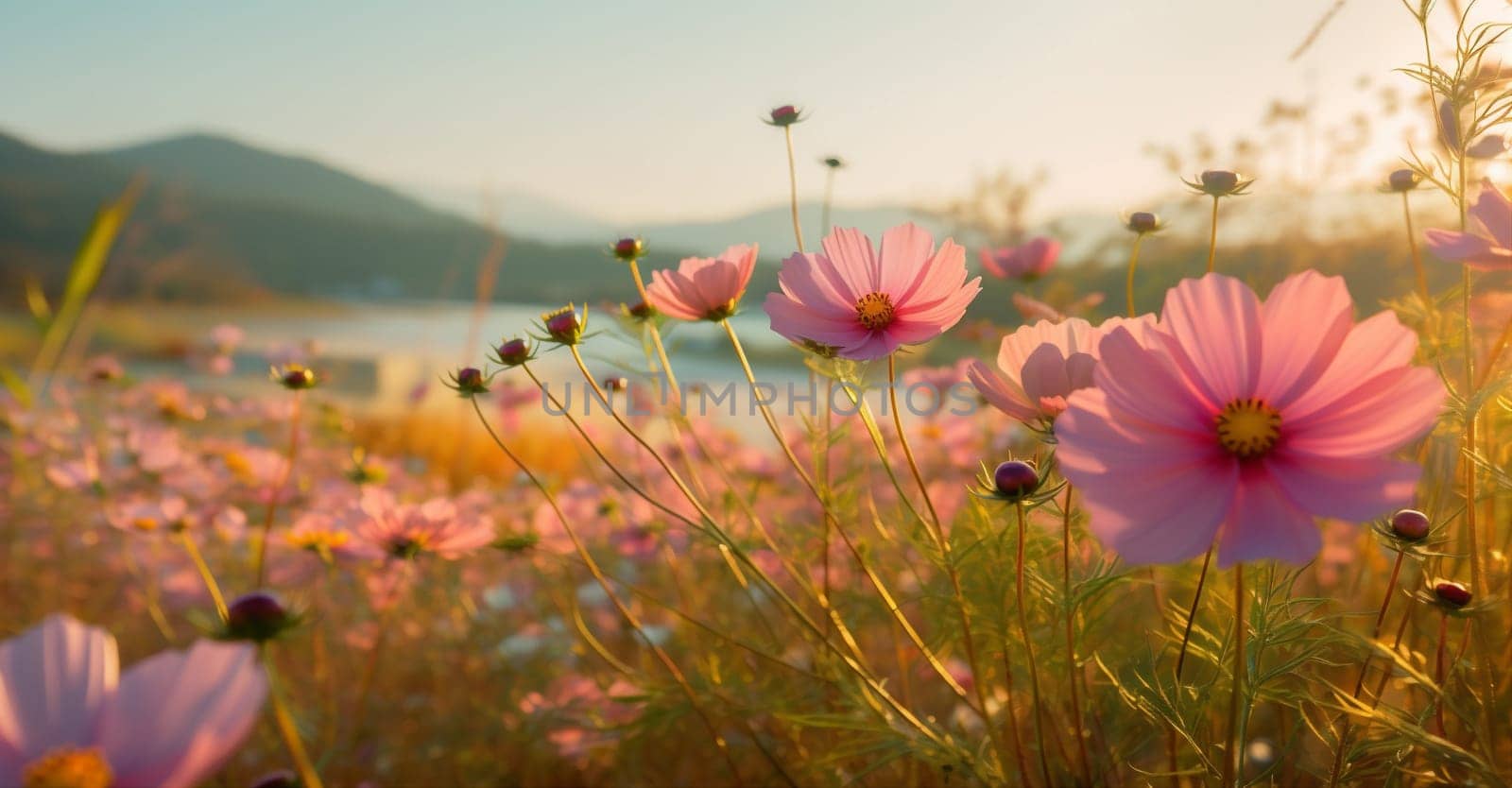 flower sunset meadow pink violet nature field blooming summer background beautiful. Generative AI. by Vichizh