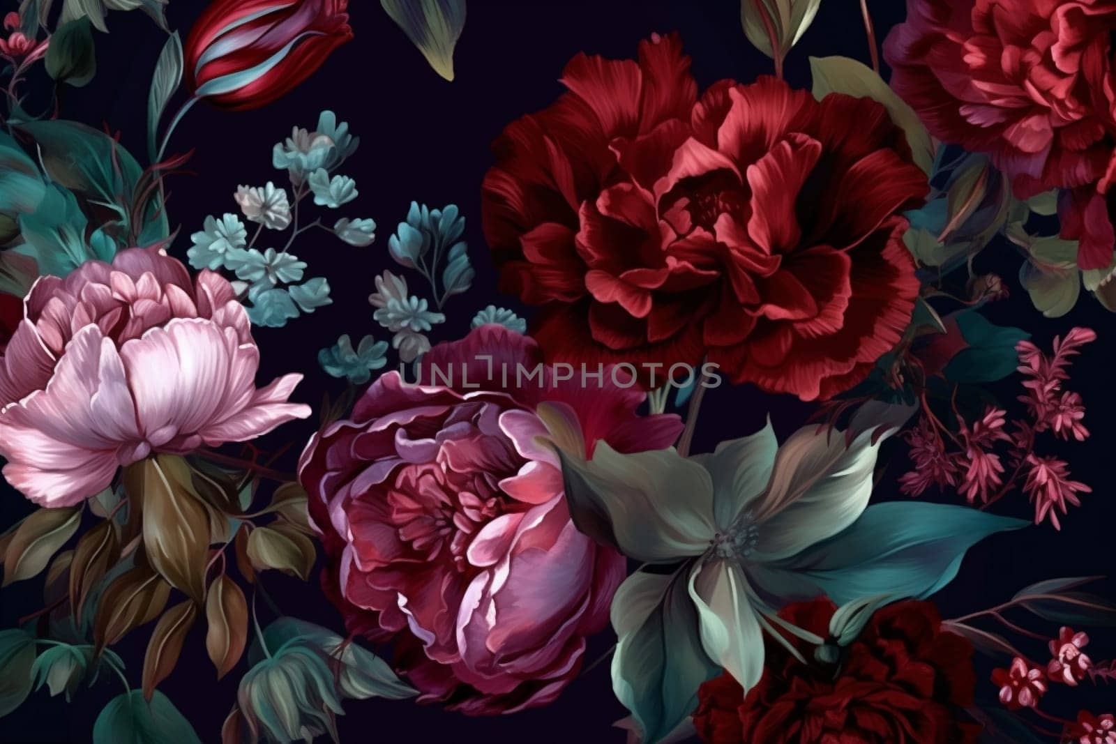 floral peony bouquet vintage flower dark background nature decoration wallpaper burgundy. Generative AI. by Vichizh