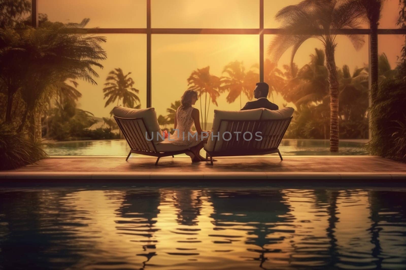 sunset pool travel swimming honeymoon couple vacation back romantic relax. Generative AI. by Vichizh