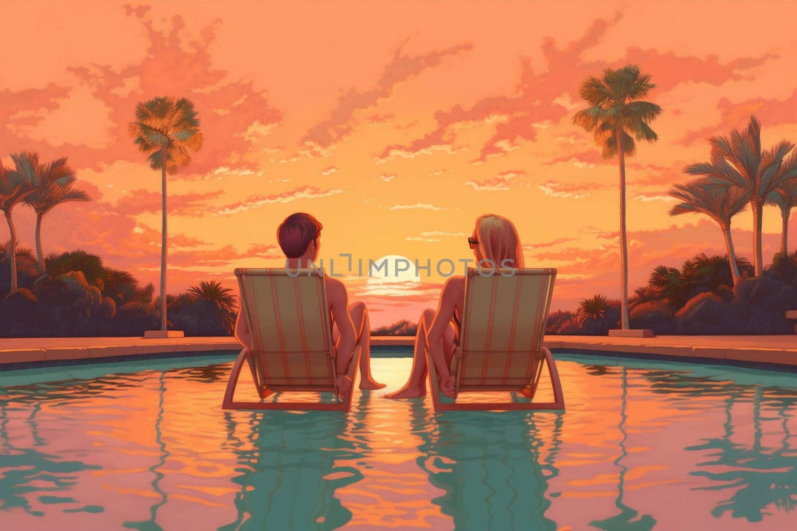 travel honeymoon swimming back pool romantic couple relax vacation sunset. Generative AI. by Vichizh