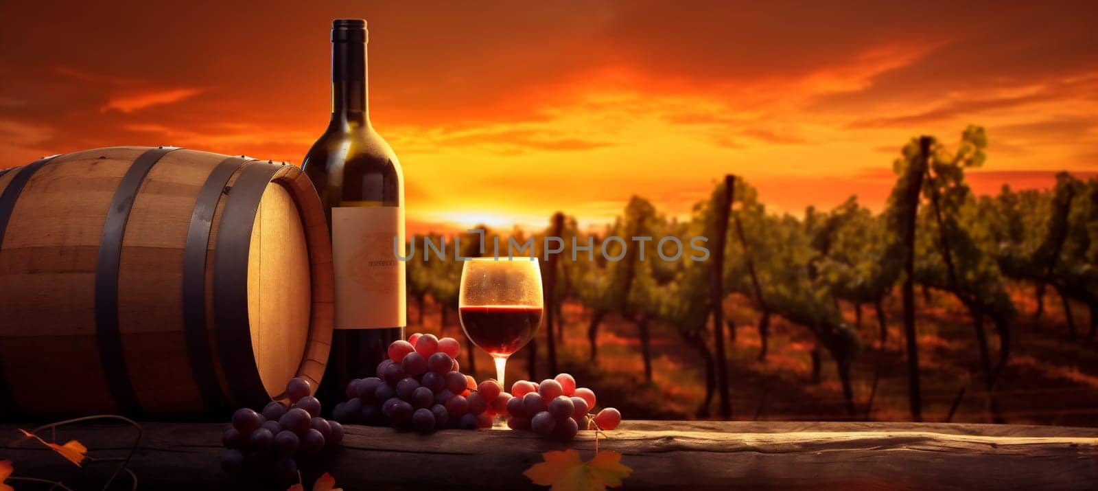barrel sunset beverage grape drink winery bottle glass alcohol wine. Generative AI. by Vichizh