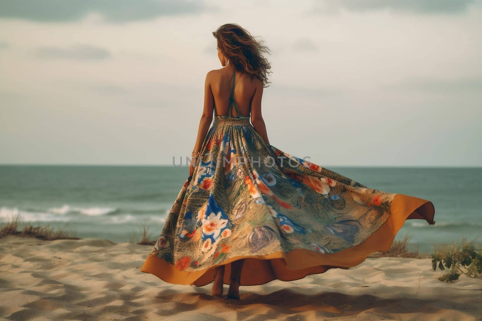 woman vacation summer outdoor blue beautiful beauty hippie holiday girl sun female lifestyle attractive person outfit back fashion beach dress sea. Generative AI.