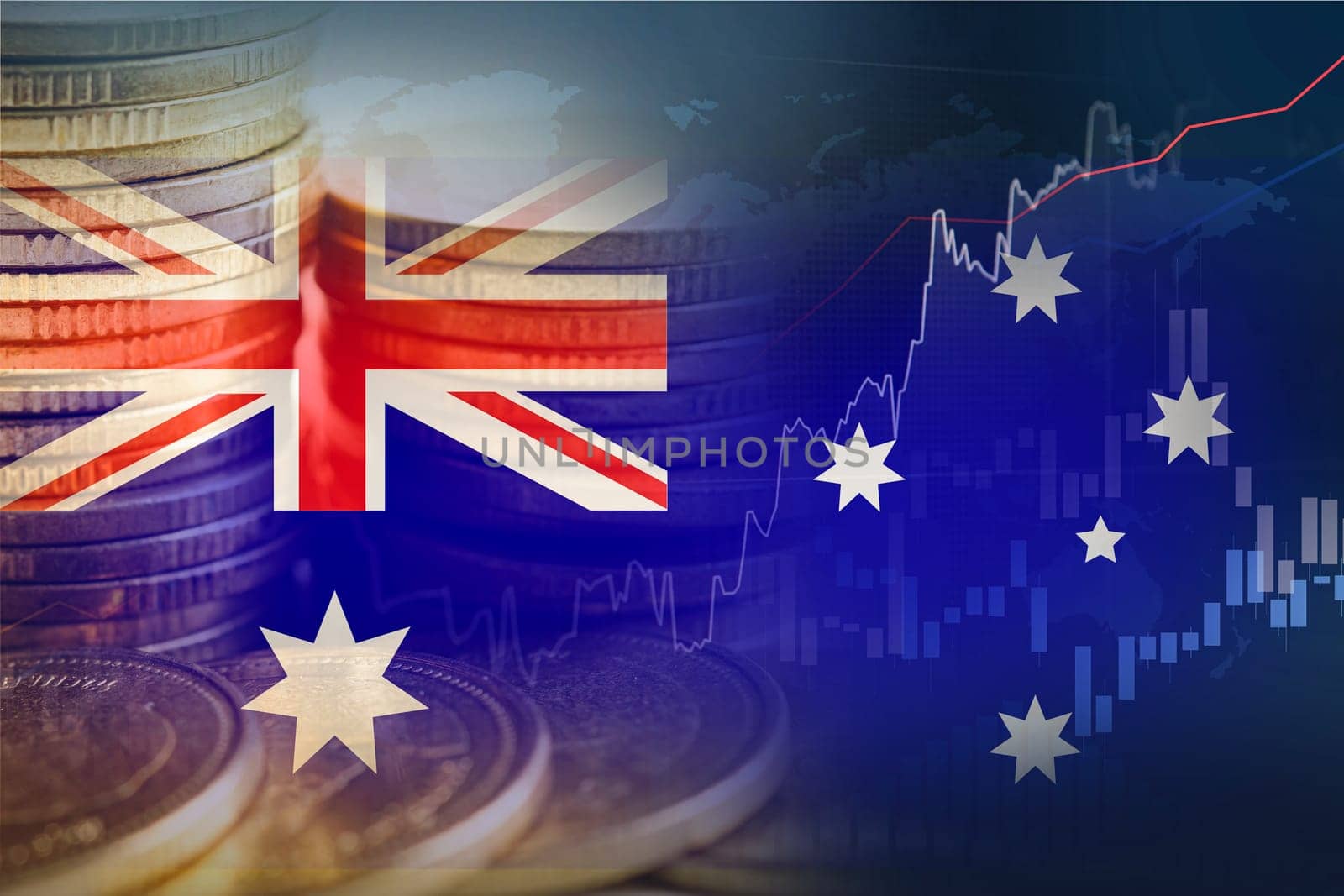 Stock market investment trading financial, coin and Australia flag , finance business trend data background.