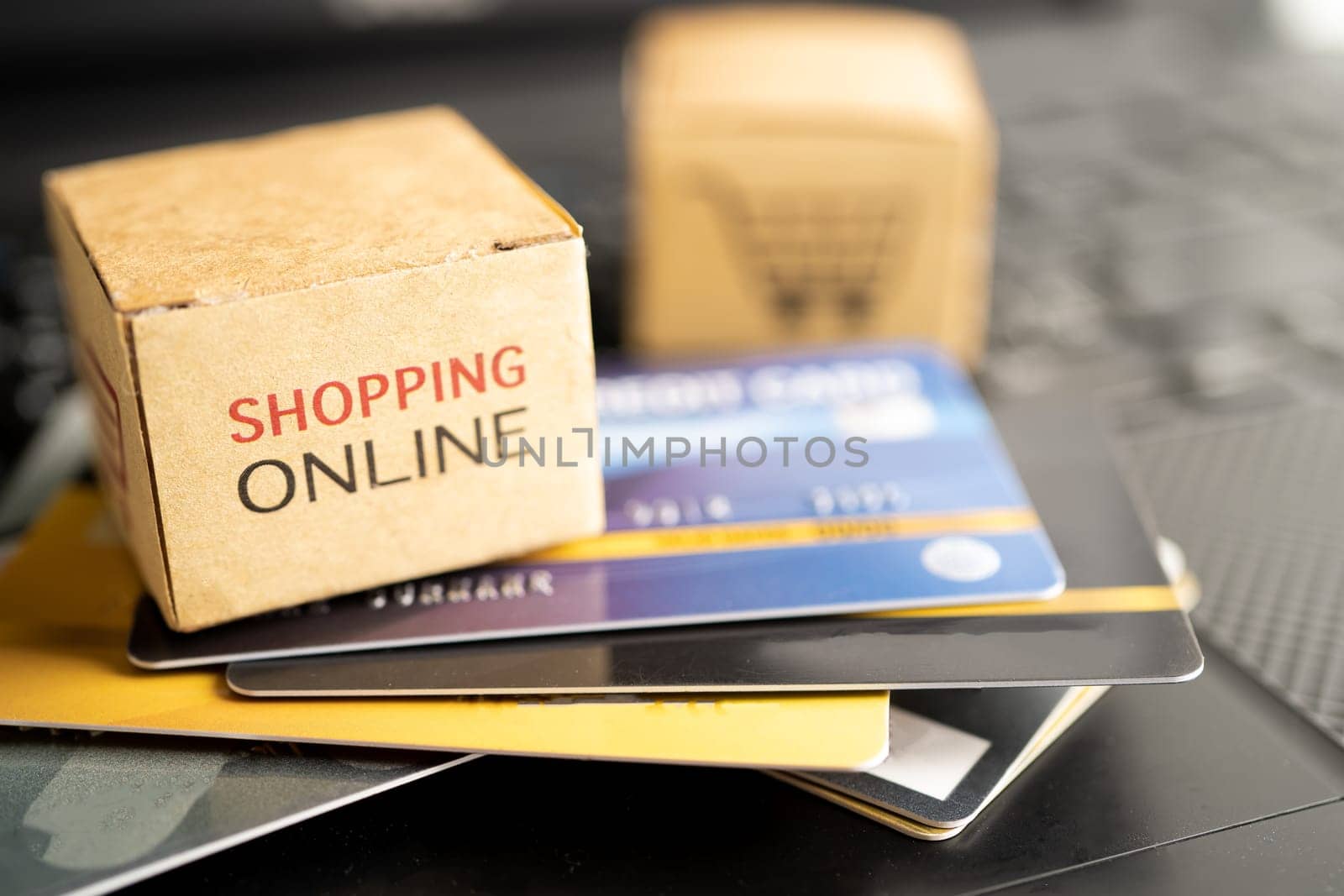 Shopping cart logo on box with credit card. Banking Account, Investment Analytic research data economy, trading, Business import export transportation online company.