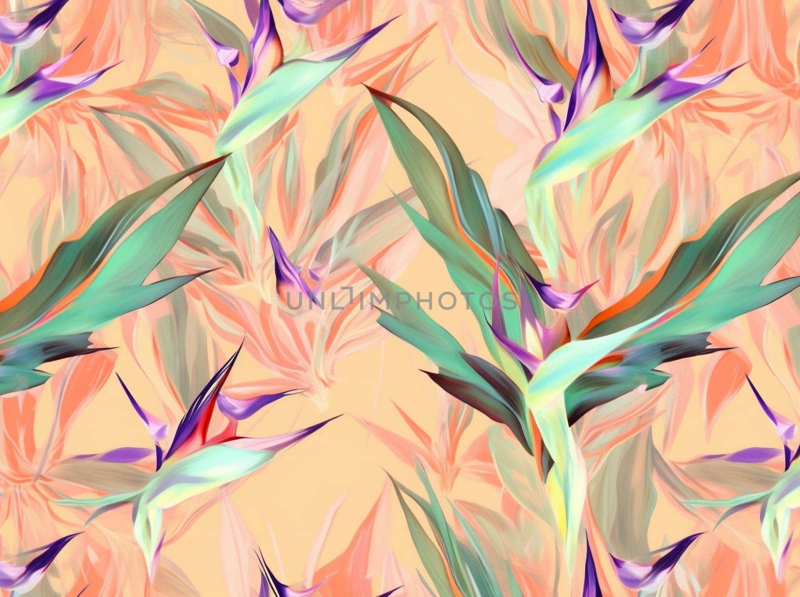 textile pattern beach fabric decoration jungle pink print art leaf floral colorful eco trendy botanical flower tropical vintage seamless orange. Generative AI.