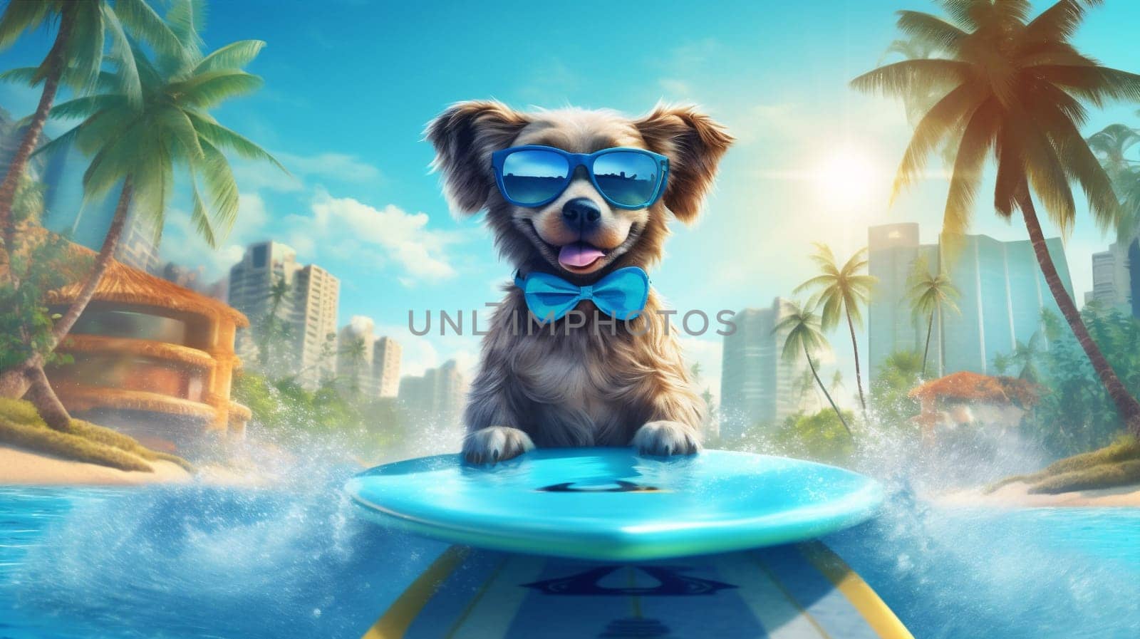 dog animal wave puppy summer vacation funny surfer ocean beach. Generative AI. by Vichizh