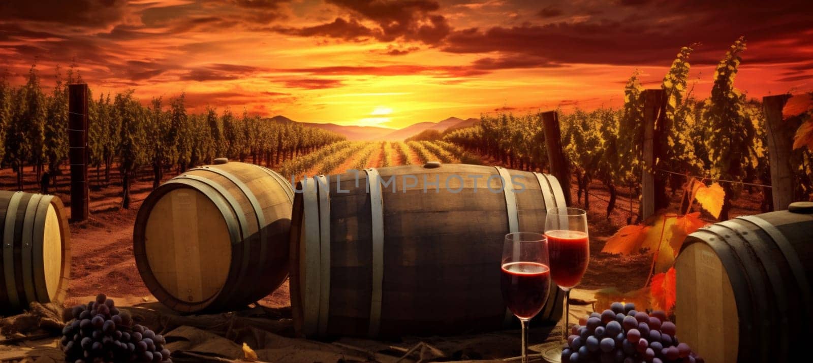 sunset winery glass wine grape barrel drink alcohol bottle beverage. Generative AI. by Vichizh