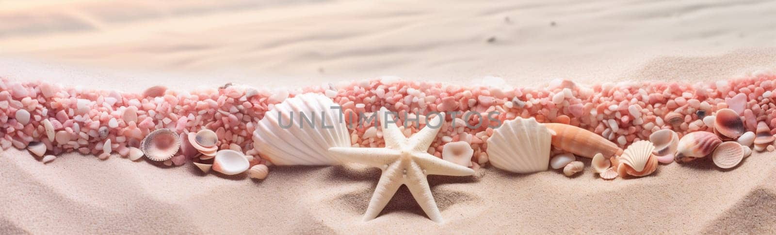 shell texture nature background vacation bright tropical water beach border white banner marin holiday ocean summer sand travel coral sea. Generative AI.