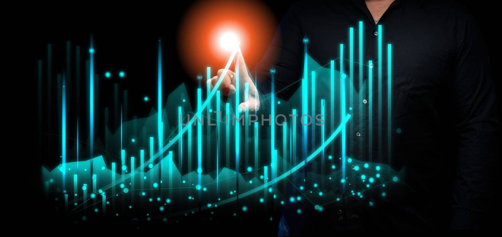 Businessman in a suit stands in front of a holographic graph with growing figures, business growth, high income. Trading on the stock exchange