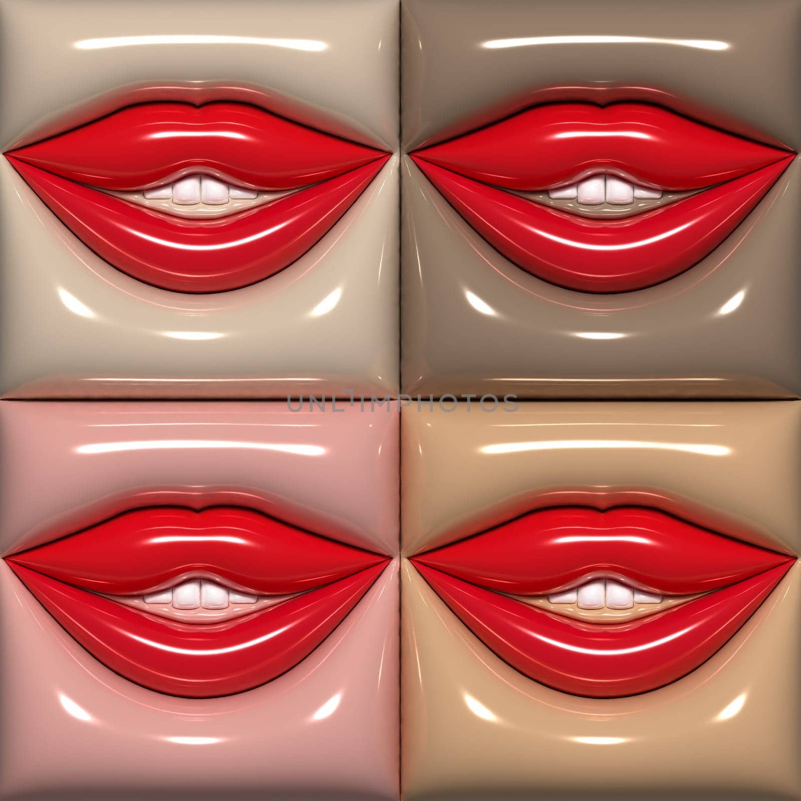 Four pairs of red lips with a slightly open mouth on a beige background, teeth visible. 3D rendering illustration