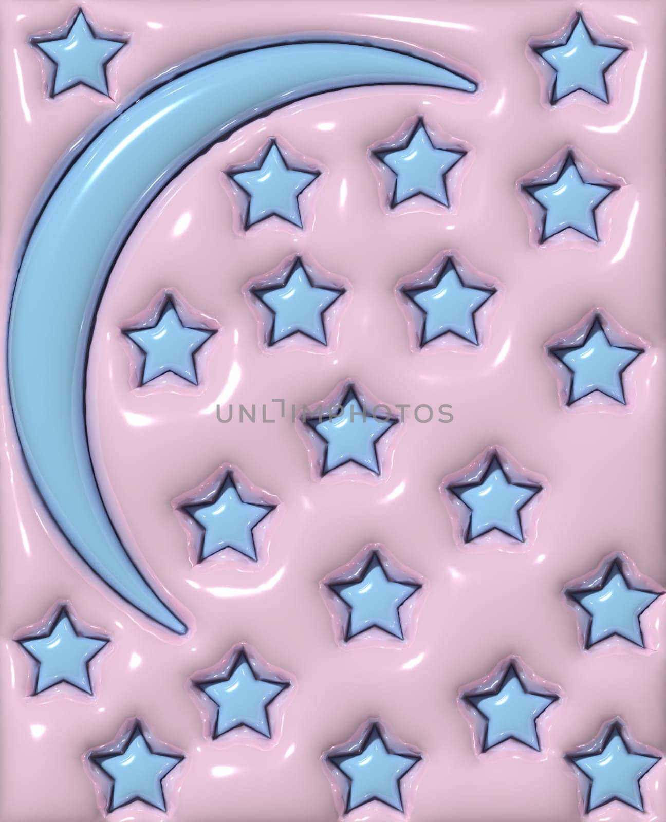 Pink background with blue moon and stars, puffed up figures, 3D rendering illustration by ndanko