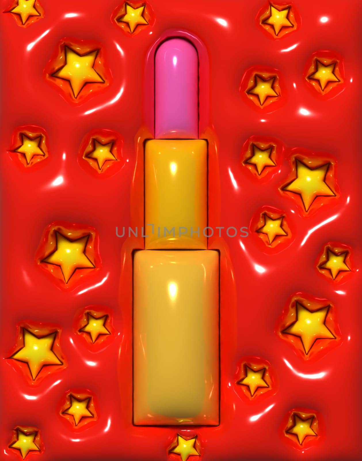 Pink lipstick on a red background with stars, 3D rendering illustration