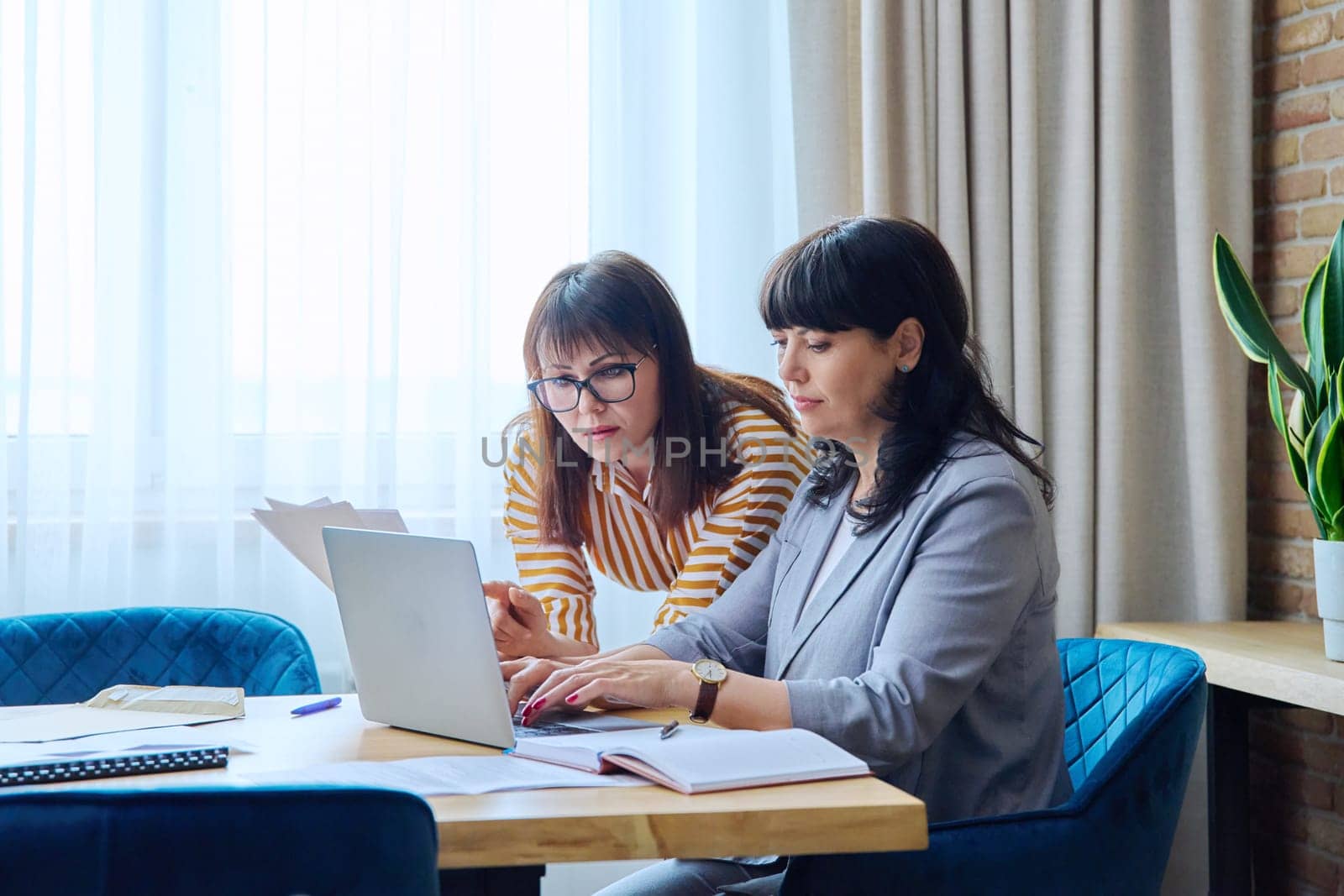 Two mature business women colleagues employees working together in office, middle-aged females preparing contract financial legal plan. Work professionals teamwork communication 40s 50s people on job