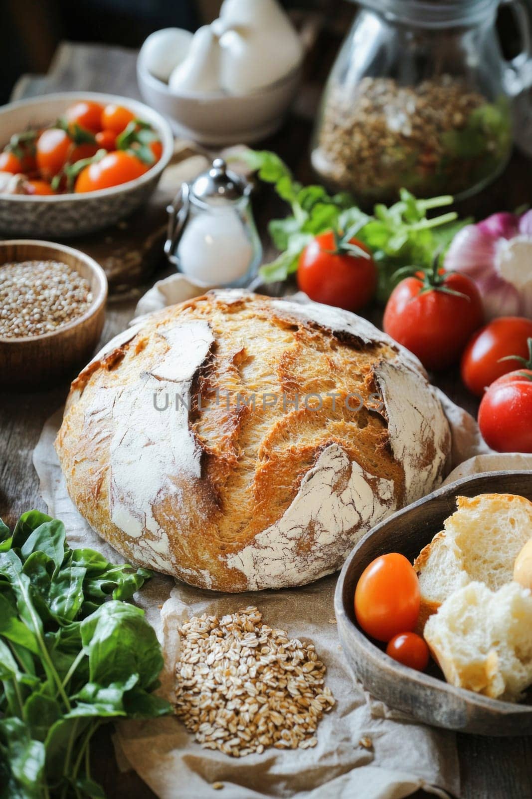 Round loaf of sourdough bread is centerpiece of table displaying fresh ingredients, emphasizing healthy eating and homemade baking