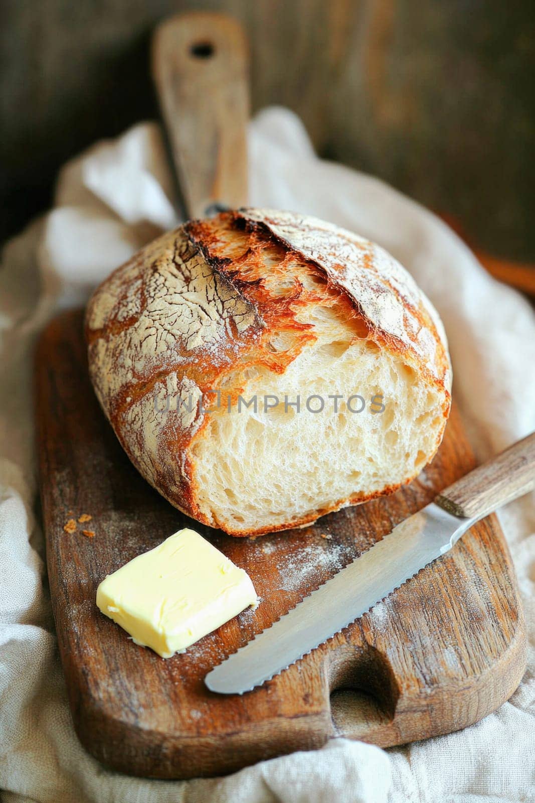 Freshly baked loaf of crusty bread resting on a rustic wooden cutting board with a pat of butter and bread knife