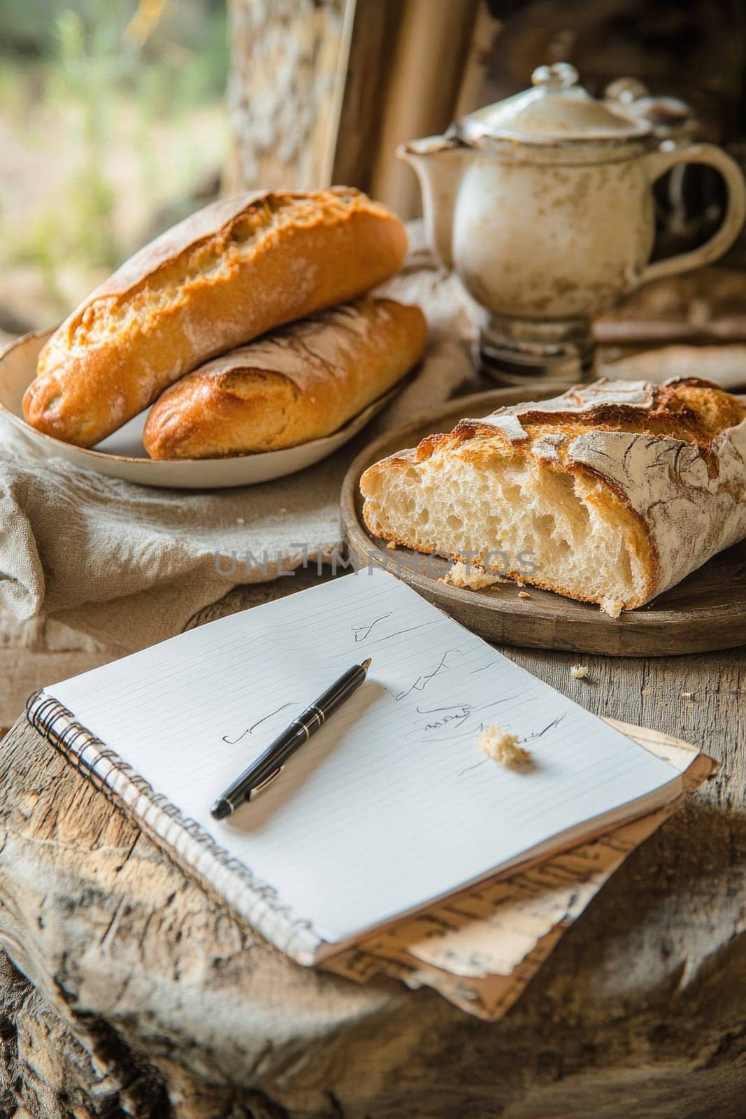 Baker writing notes on a recipe with loaves of fresh bread and a teapot in a rustic kitchen