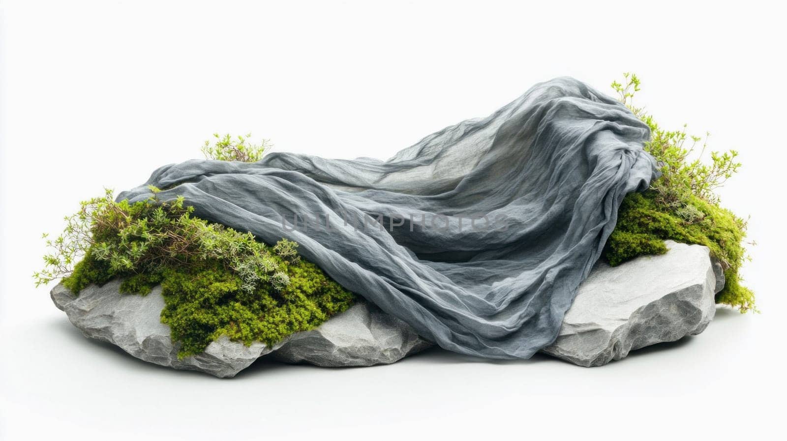 Gray veil covering green moss and small plants growing on a rock against white background