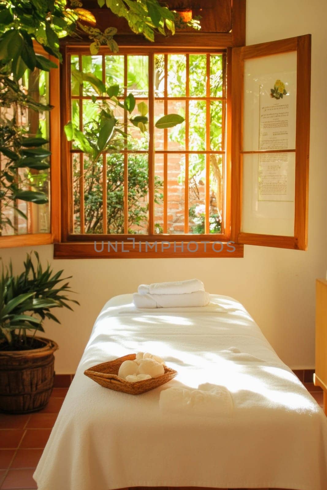 White massage table with rolled towels and basket of massage stones in spa room with open window showing lush greenery