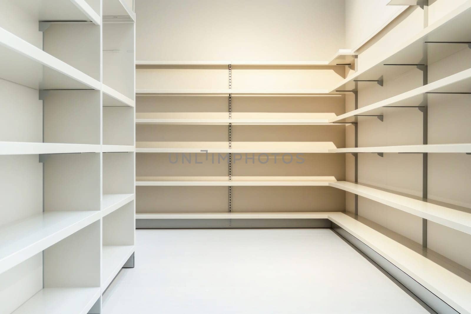 Empty white shelves stand in a pristine room, embodying potential and minimalist aesthetics