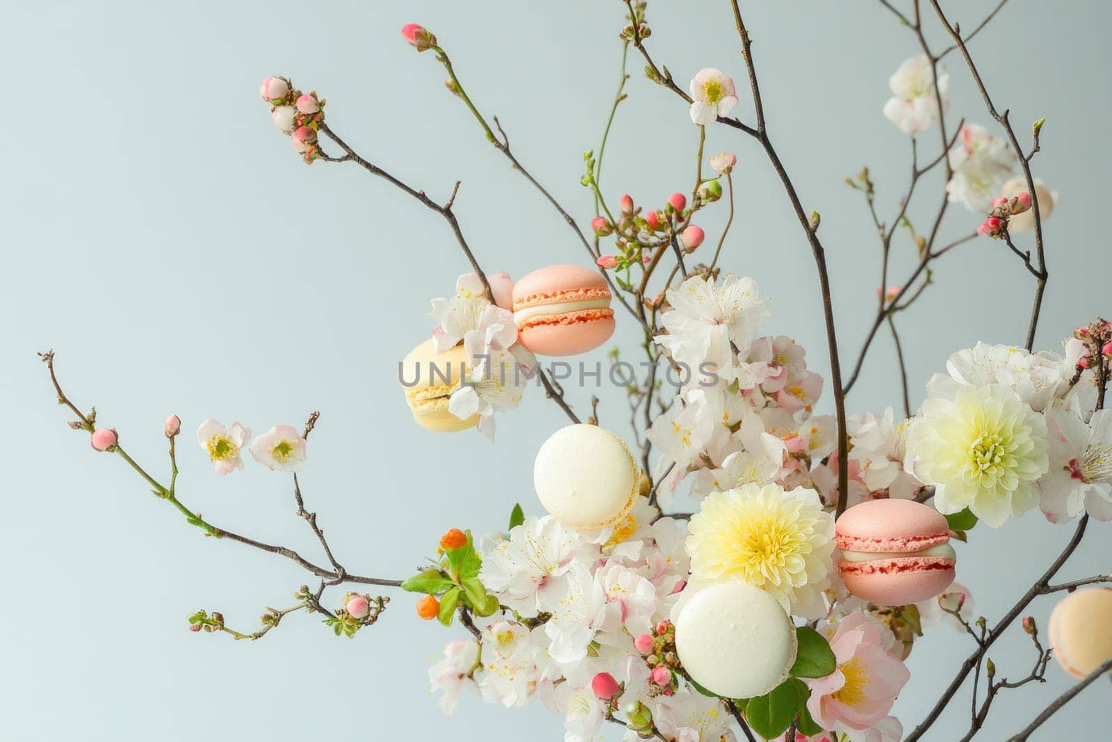 Pastel colored macarons hanging on flowering branches create a beautiful spring composition