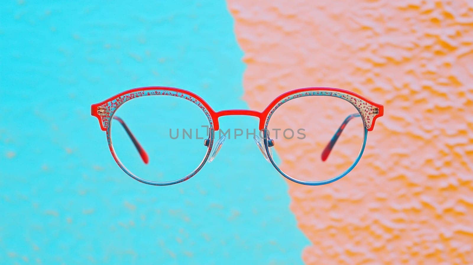 Red eyeglasses with a modern design are showcased against a backdrop of vivid teal and orange hues