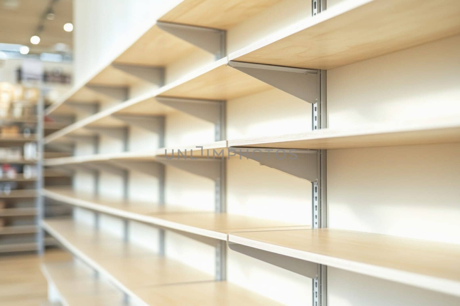 Empty wooden shelves stand in a retail store, ready for products, creating a sense of anticipation
