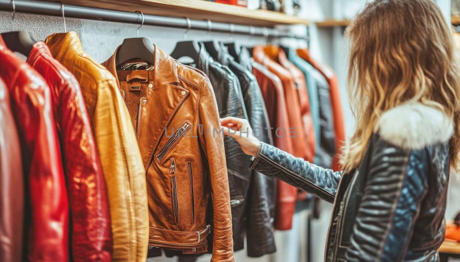 Customer choosing brown leather jacket in a fashion store