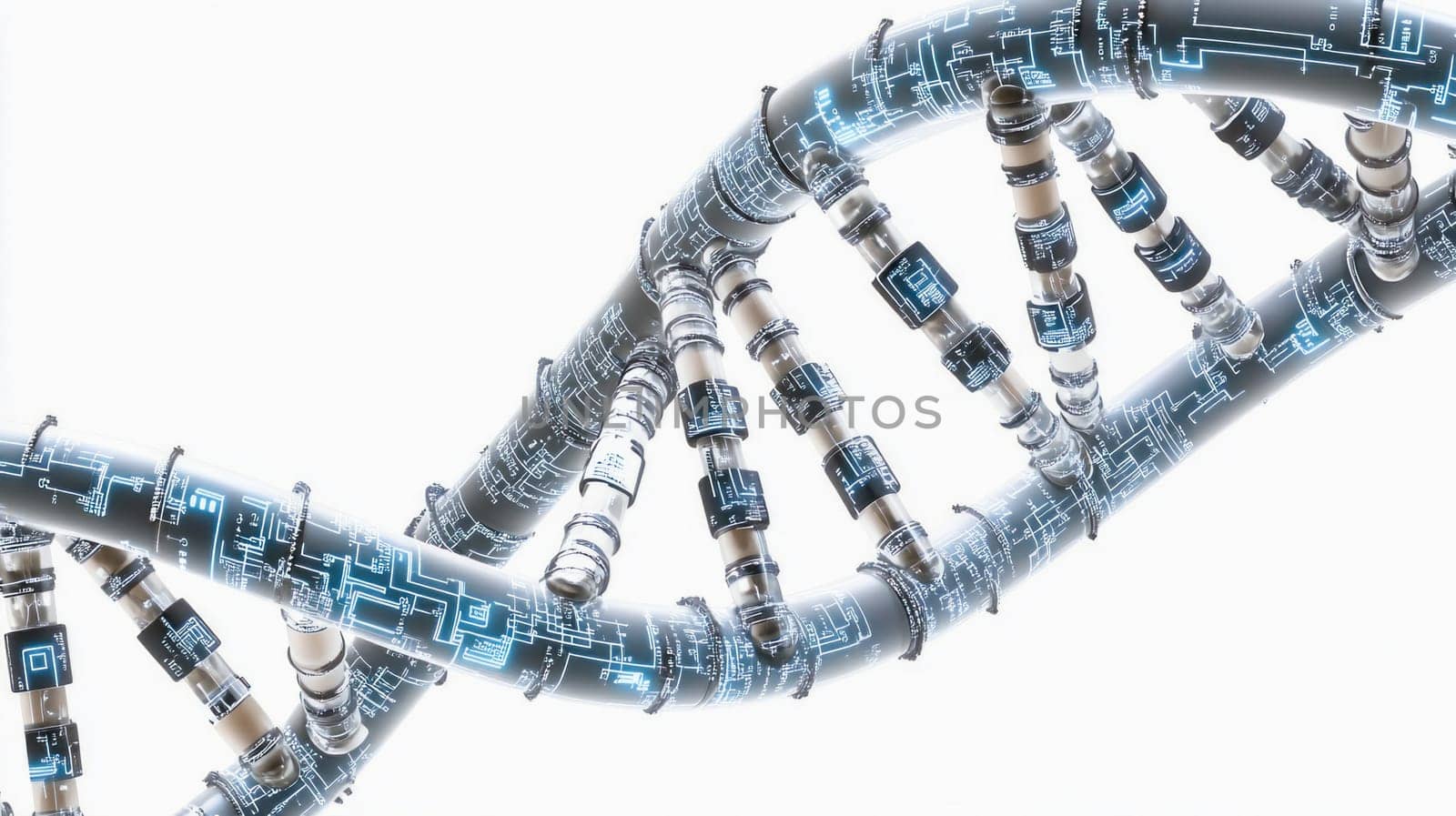 Digital dna helix glowing with blue circuit patterns represents genetic engineering and futuristic biotechnology