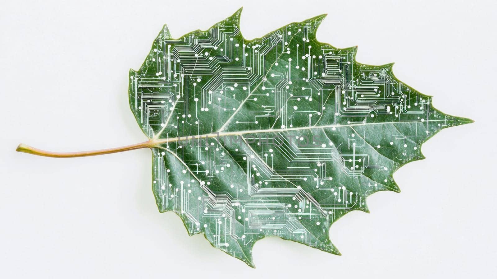 Printed circuit board pattern is visible on green leaf symbolizing the intersection of nature and technology