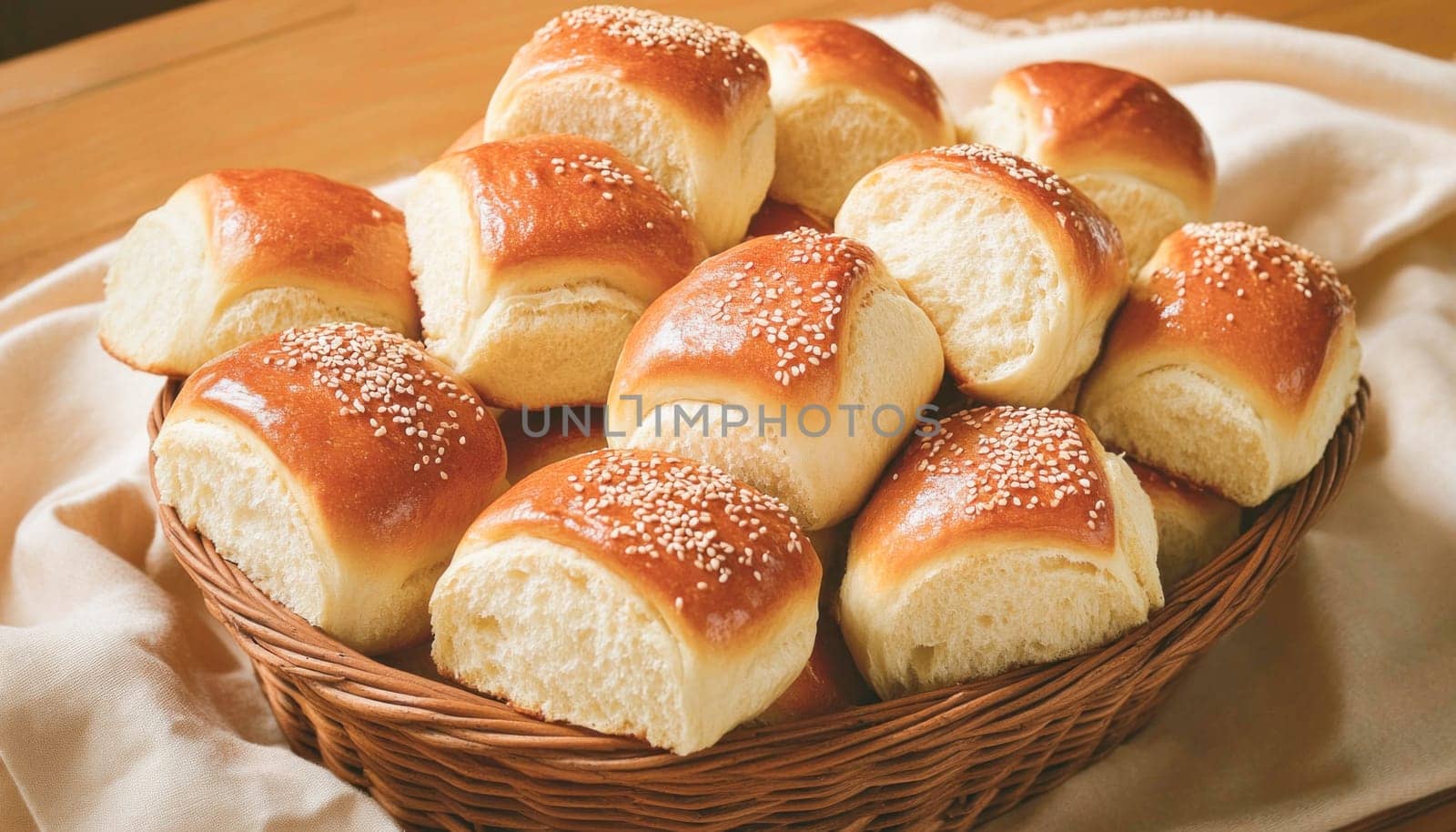Soft and fluffy dinner rolls, sprinkled with sesame seeds, sit in a wicker basket, ready to be enjoyed