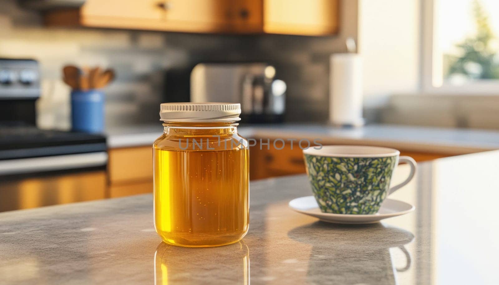 Glass jar of honey and teacup sit on kitchen counter, illuminated by warm morning sunlight