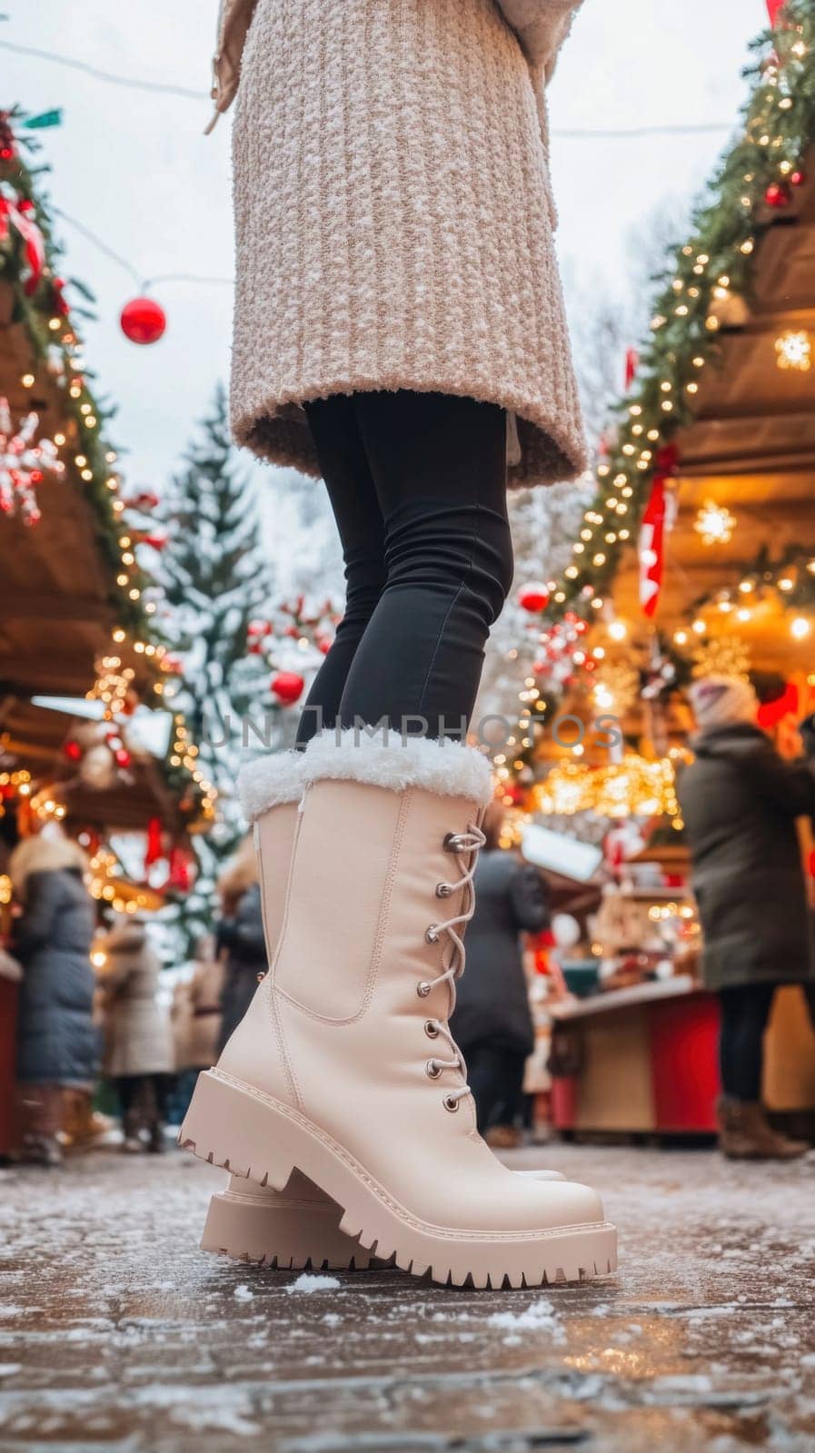 Woman showing off fashionable winter boots while visiting a traditional christmas market