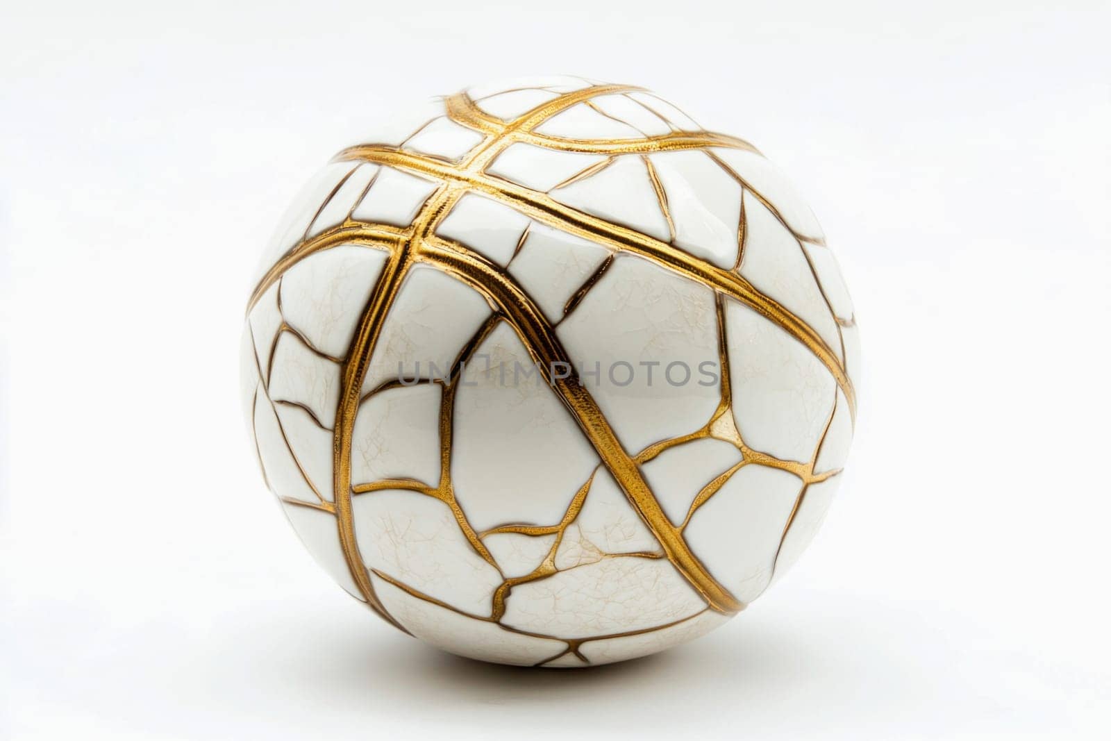 White ceramic sphere with golden cracks evokes the japanese art of kintsugi, symbolizing repair and beauty in imperfection
