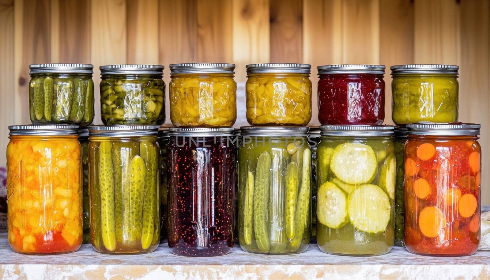 Glass jars filled with colorful pickled vegetables and fruit preserves are neatly arranged on a wooden shelf, showcasing the bounty of summer's harvest