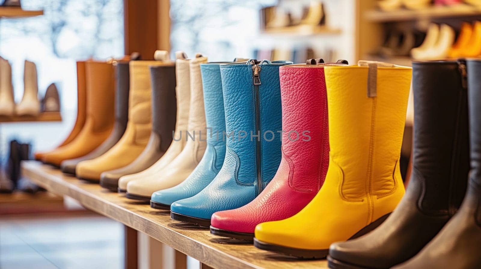 Variety of colorful leather boots arranged on a wooden shelf, creating a vibrant display in a shoe store
