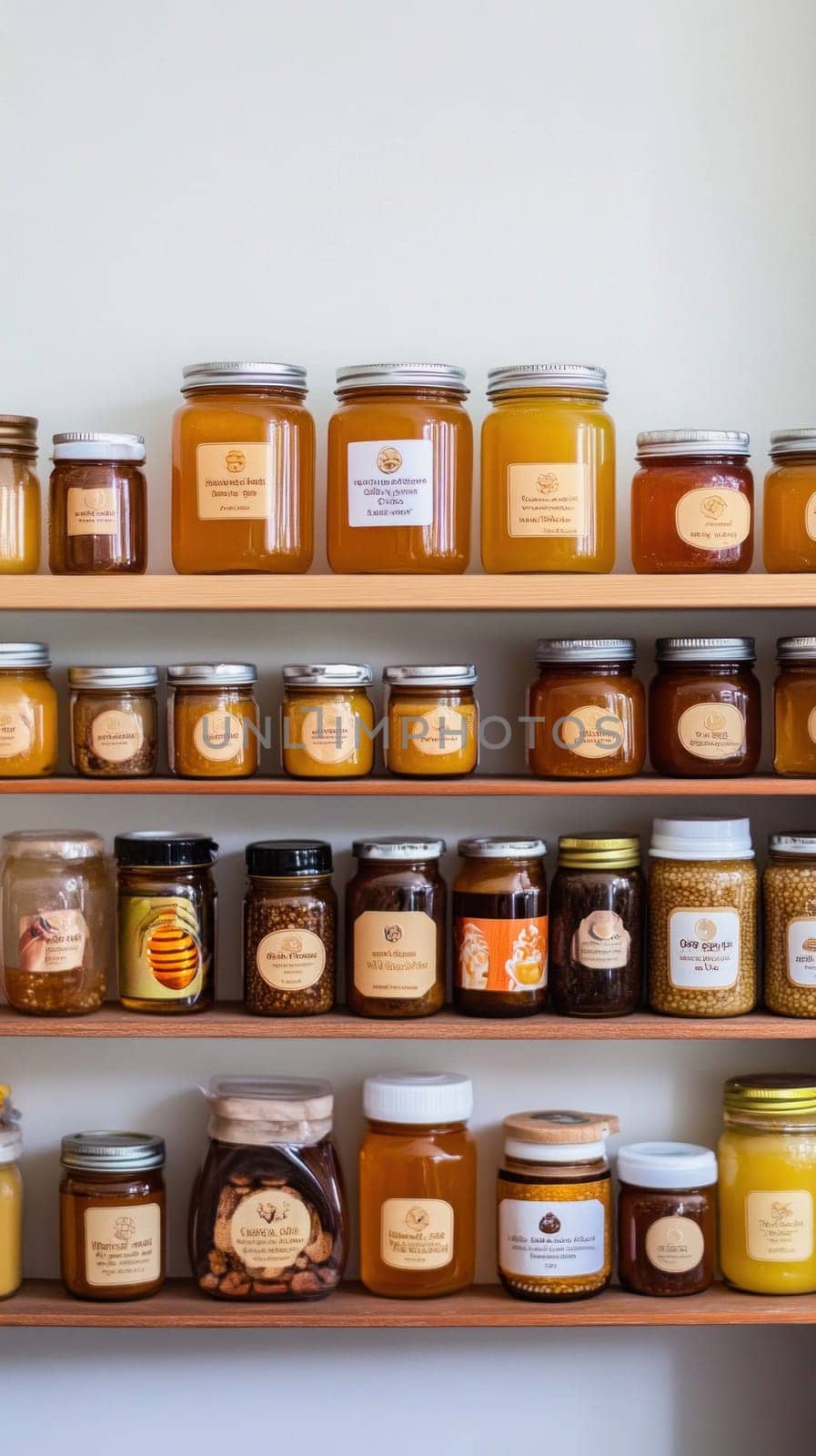 Different types of honey in glass jars are neatly arranged on wooden shelves, showcasing a wide variety of flavors and textures
