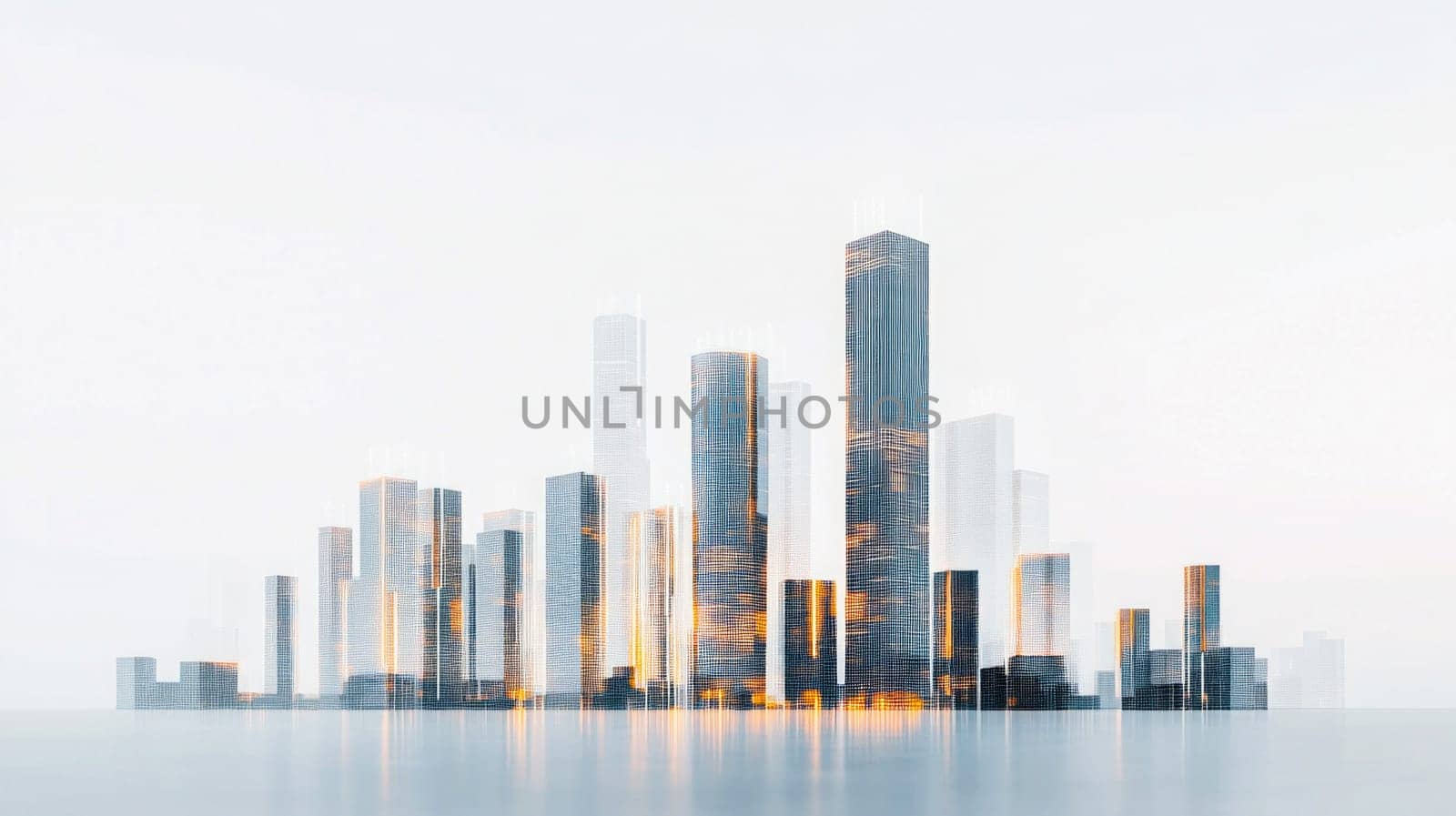 Futuristic cityscape reflecting on water surface at sunrise, featuring modern skyscrapers and innovative architecture