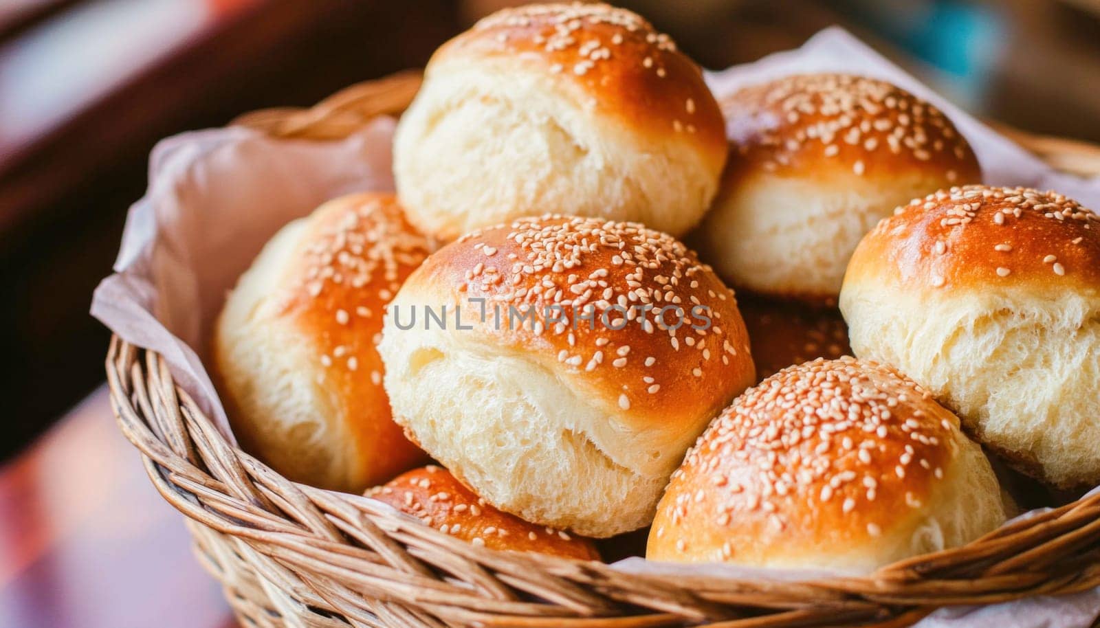 Soft and fluffy dinner rolls, sprinkled with sesame seeds, sit in a wicker basket, ready to be enjoyed