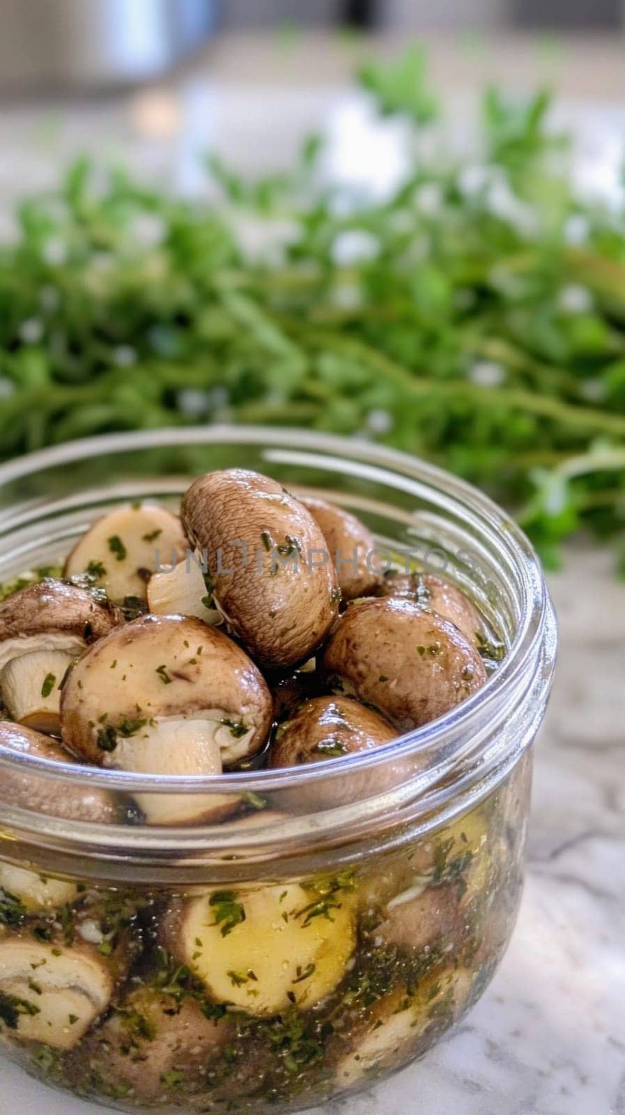 Delicious marinated mushrooms are preserved in a glass jar, seasoned with fresh thyme and parsley, ready to enhance culinary creations