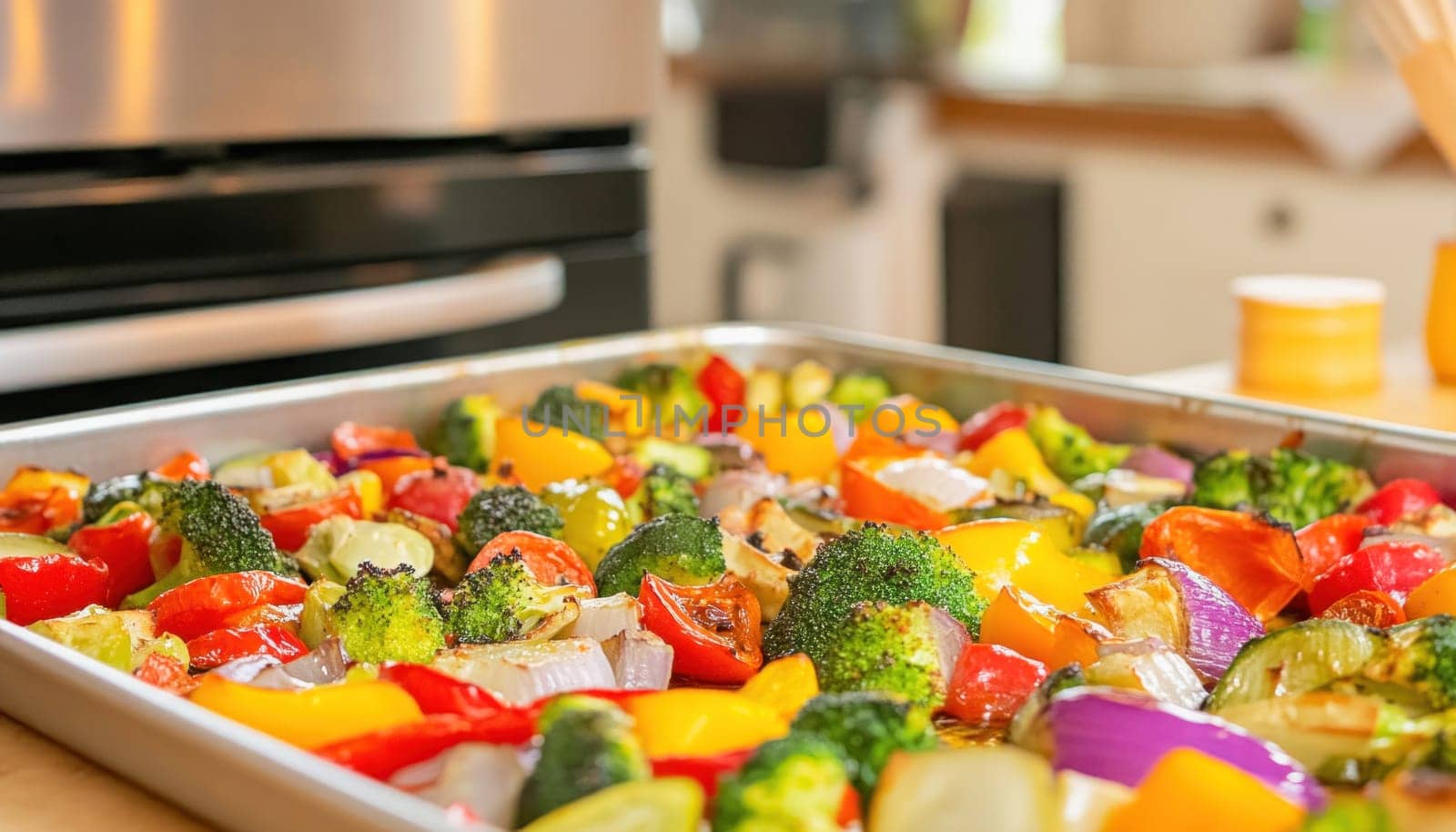 Freshly roasted colorful vegetables seasoned with herbs and spices, promoting healthy eating and home cooking
