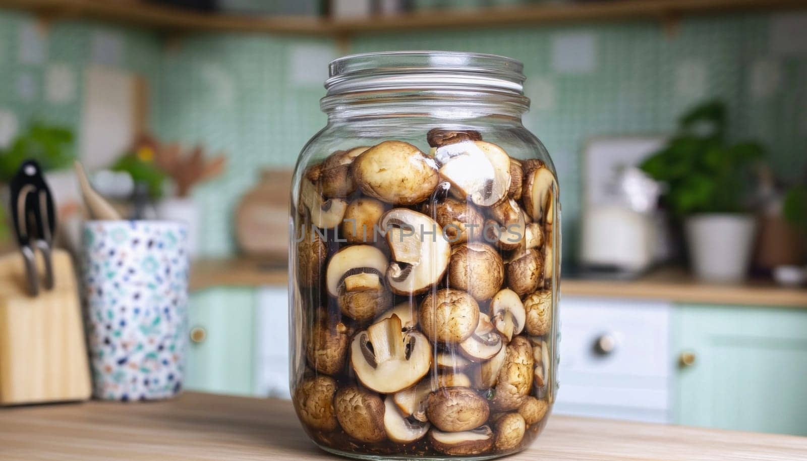 Button mushrooms are being preserved in a glass jar on a kitchen counter